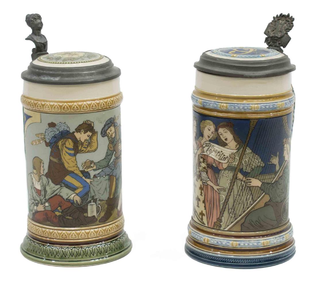 F QUIDENUS METTLACH STEIN, #2581, SINGING BEAUTIES: (lot of 2) Mettlach etched steins, both by Fritz Quidenus (1867-1928), both with loss: (1) #2581, a Musical Scene with Beauties, c. 1901, 1/2L, inlaid top intact with two fractures, and dent to pewter