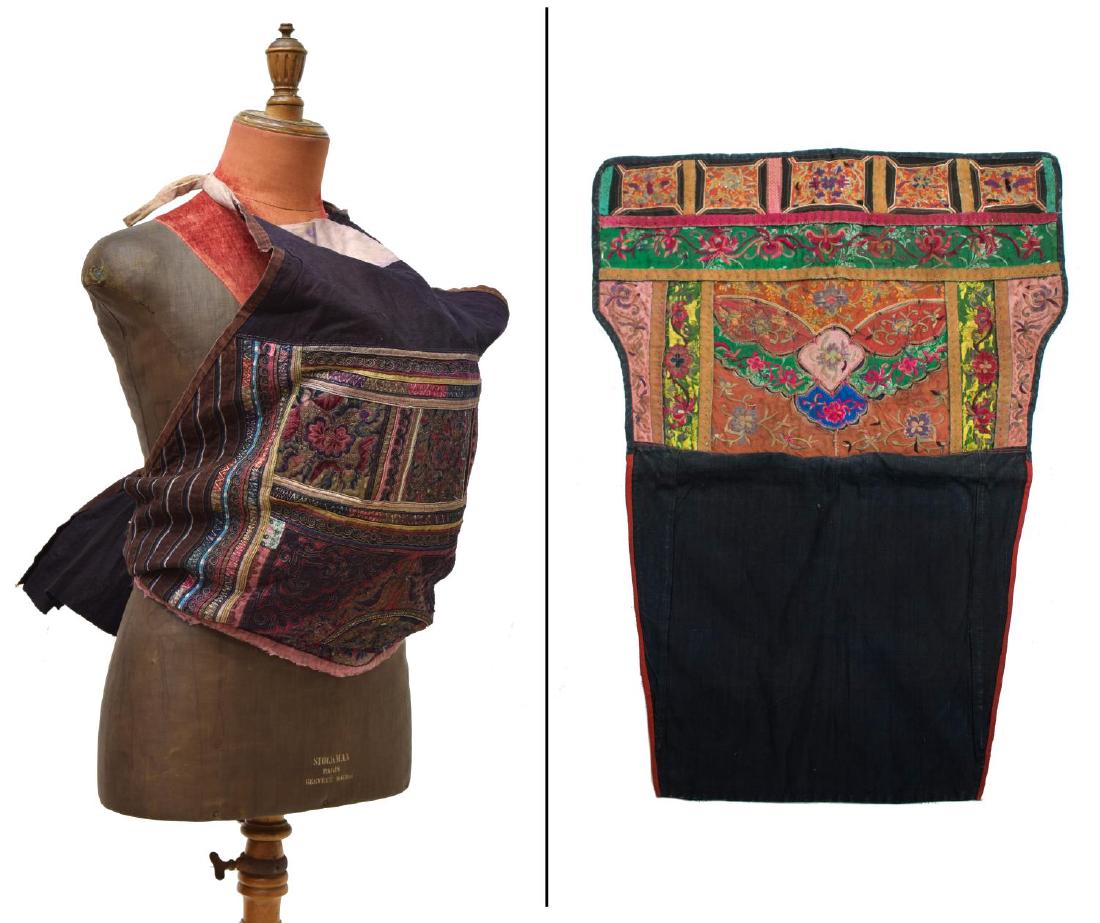 (2) MONGOLIAN FINELY EMBROIDERED TEXTILES: (lot of 2) Antique / vintage Mongolian embroidered textile showing embroidered flowers on a polychrome ground to one side, the other side plain, 34"l, 24"w: (1) a wrap of varied size with ties, floral
