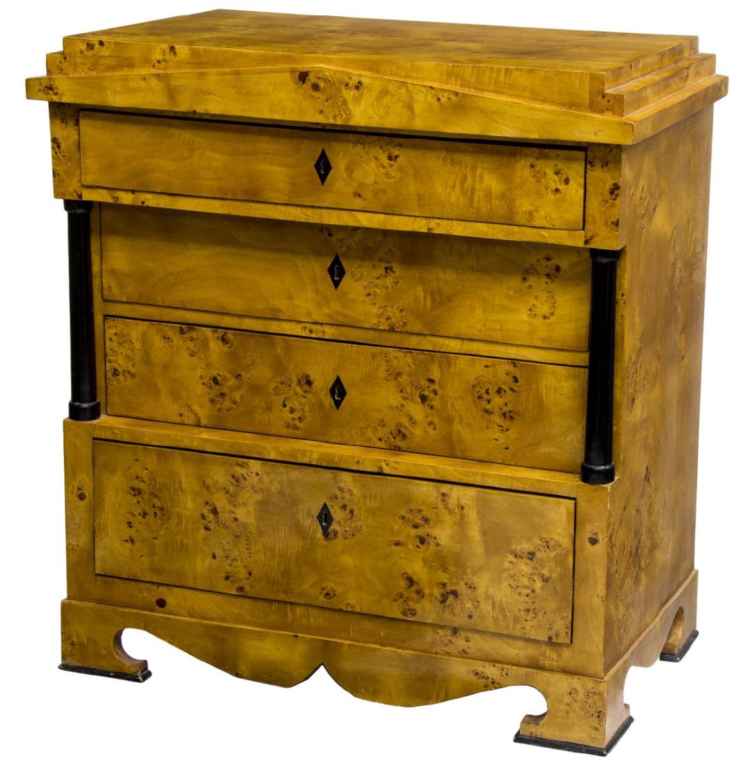 DANISH BIEDERMEIER STYLE BIRCHWOOD 4 DRAWER CHEST: Danish Biedermeier style Birchwood chest of drawers, the rectangular stepped top over architectural frieze, over four drawers, black columns to each side, rising on bracket feet, 37"h, 34.75"w, 20"d S