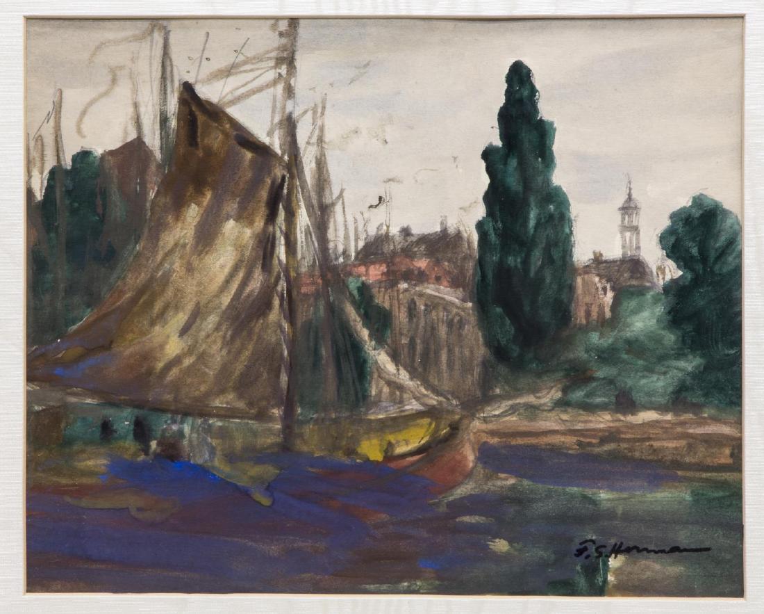 FRANK HERRMANN (1866-1942), SAIL BOAT: Framed gouache painting on paper, Sail Boat, signed lower right F.S. Herrmann (Frank Simon Herrmann, Germany, New York, 1866-1942), sight: 9"h, 11"w, overall: 18.25"h, 20.25"w, 4.75lbs Start Price: $1