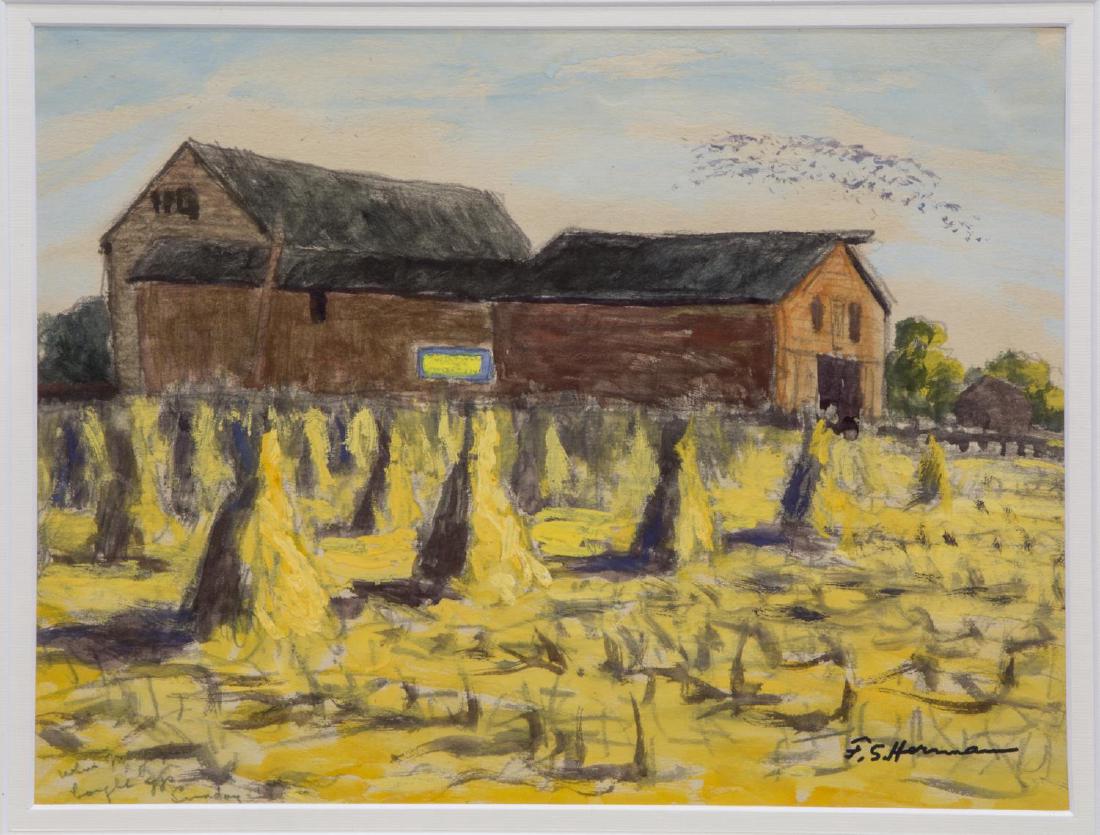 FRANK HERRMANN (1866-1942), CORN HARVEST: Framed gouache painting on paper, Corn Harvest, signed lower right F.S. Herrmann (Frank Simon Herrmann, Germany, New York, 1866-1942), artist pencil note at lower left, sight: 9.5"h, 12.5"w, overall: