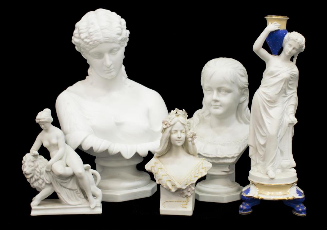 (5) PARIAN BUSTS & CLASSICAL FIGURES, CLYTIE, GIRL: (lot of 5) Parian busts and figures: (1) Clytie, 12"h; Wihelmena, 8.5"h; (1) Victorian beauty with parcel gilt accents to floral headpiece and collar, 6"h; (1) Classical nude seated upon lion, 6"h; (1