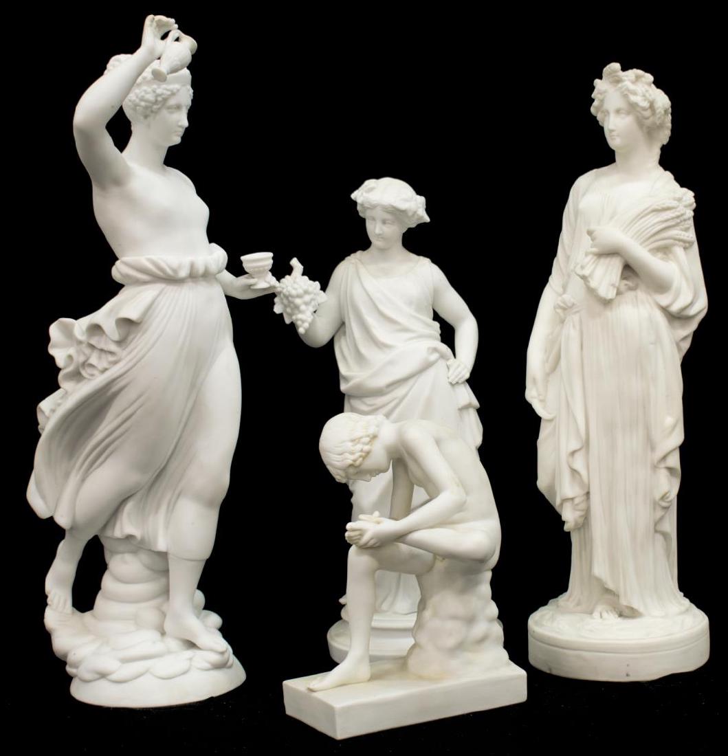 (4)PARIAN FIGURES, CLASSICAL BEAUTIES & SEATED BOY: (lot of 4) Parian figures, (3) modeled as draped beauties including, (1) allegorical figure with wheat, (1) standing on a circular socle, holding grapes (chip to leaves), and (1) semi-nude figure pour