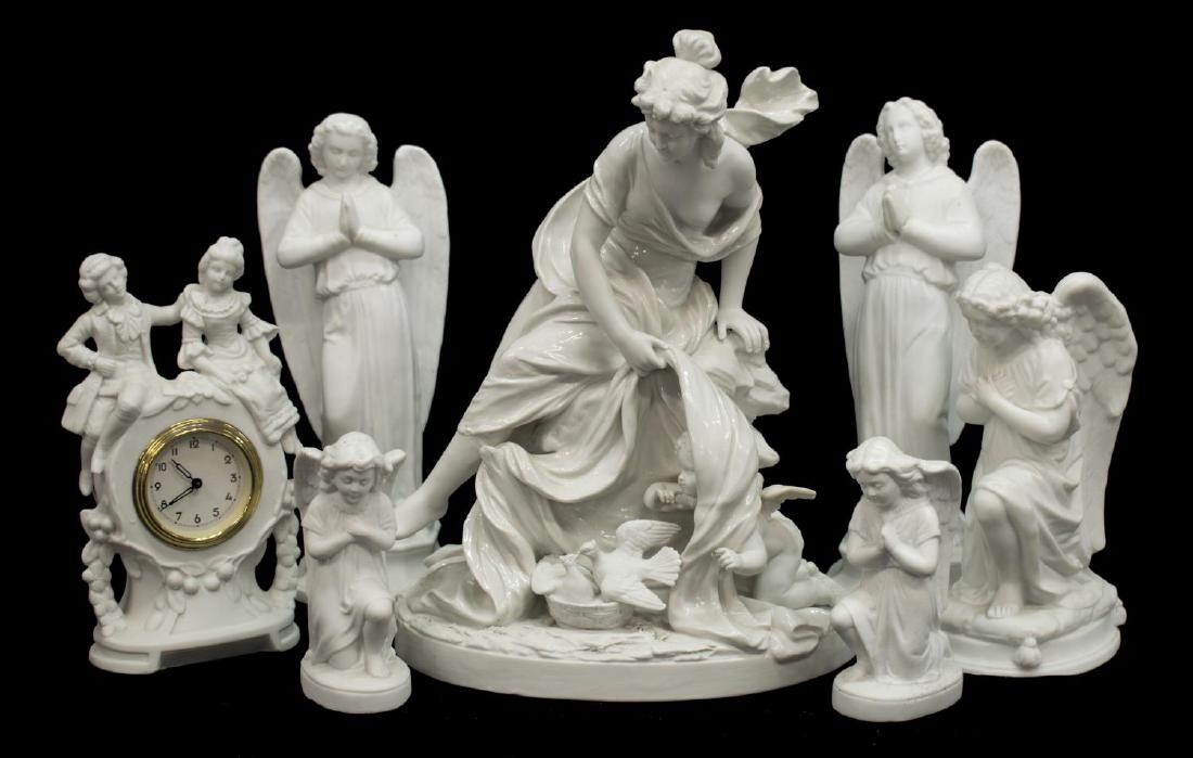 (5) PARIAN WARE STANDING & KNEELING ANGEL FIGURES: (lot of 7) Group of parian and porcelain figures, most with restoration: (5) angels, varied standing and kneeling poses, the largest with glue repair to hands, 10"h; (1) large figural group, Classical