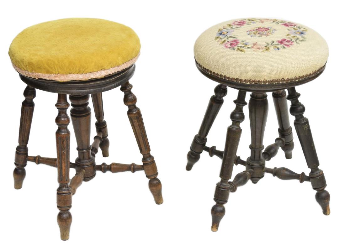 (2) ITALIAN PIANO STOOLS: (lot of 2) Italian upholstered stools, 19th c., including: (1) having floral tapestry seat, rotating on fluted turned base; (1) with worn yellow upholstered seat, on fluted legs, turned spindles; each