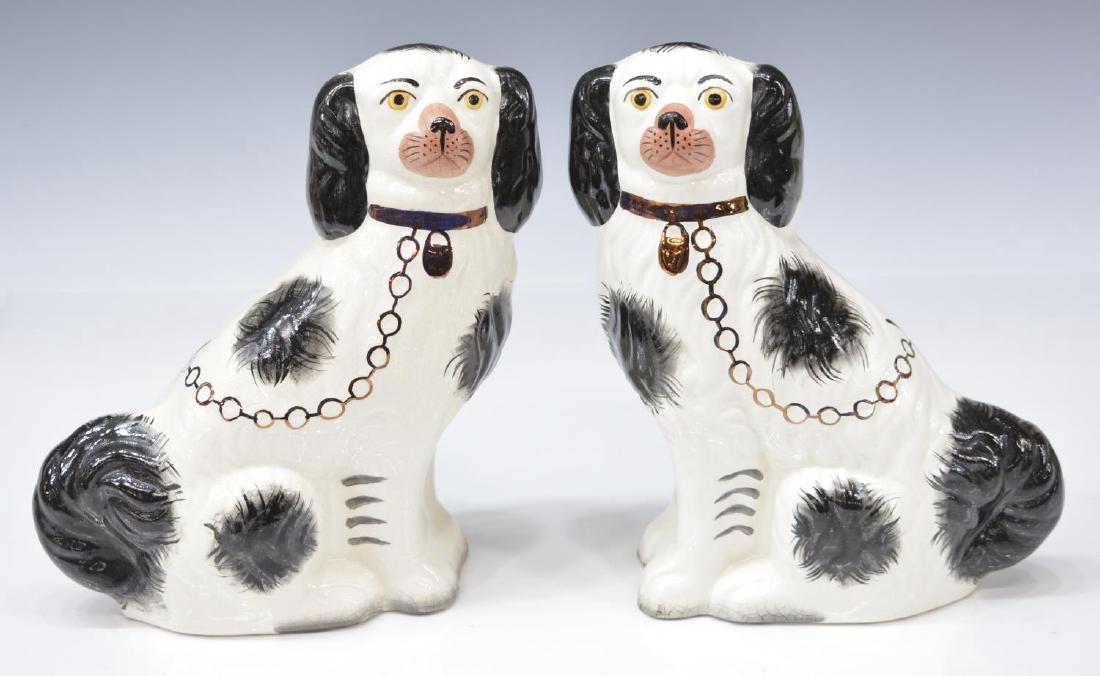 (2) DIMINUTIVE STAFFORSHIRE WARE SEATED DOGS: (pair) Staffordshire Ware pottery dogs, Kent, England, seated in opposed positions, 9.5"h, 2lbs **Provenance: The private collections of a prominent Amarillo Physician** Start Price: $50.00
