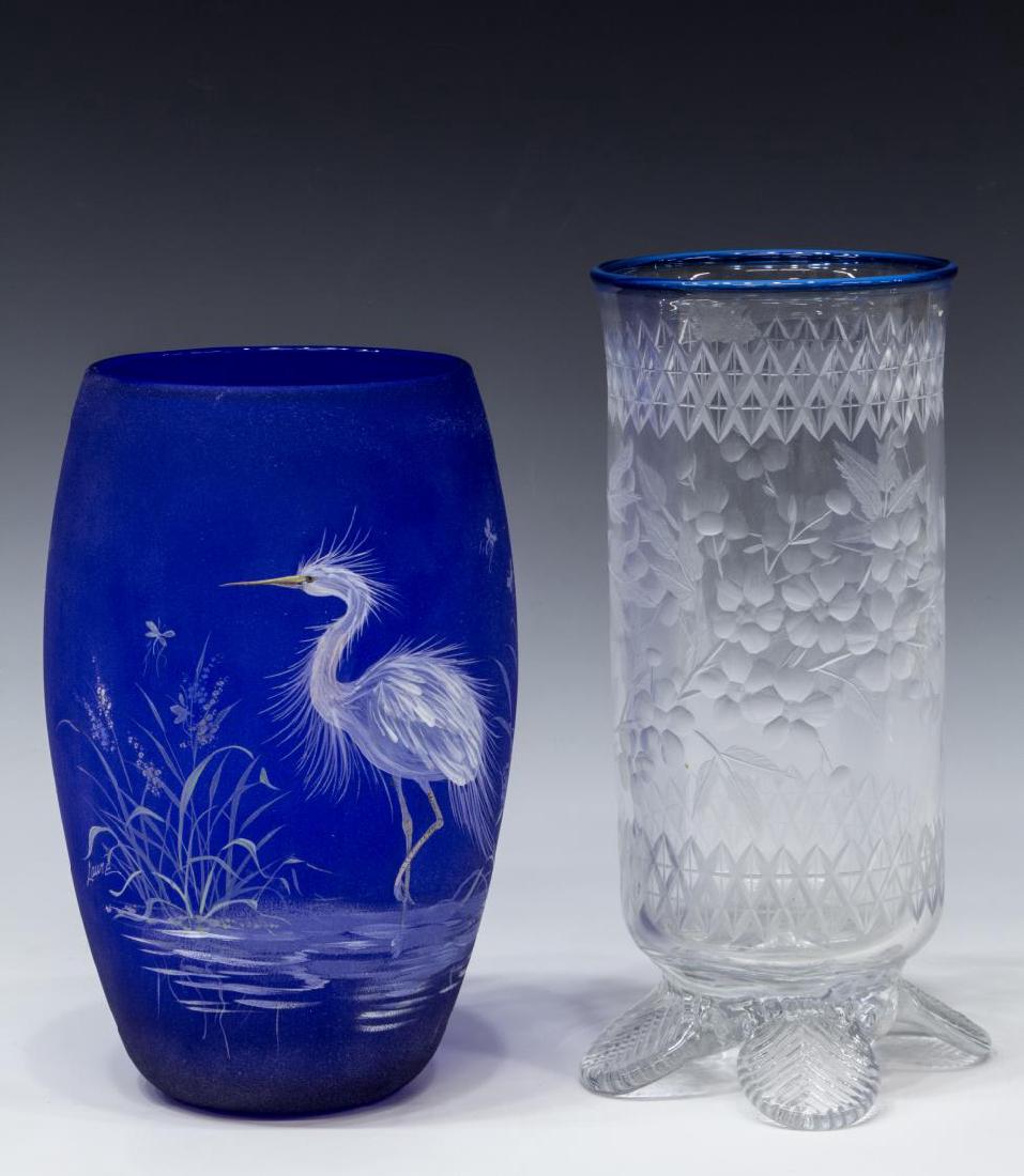 (2) SANDWICH GLASS COMPANY VASES, 20TH CENTURY: (lot of 2) Sandwich Glass Company vases, both marked with a P in diamond shape, comprising: (1) frosted cobalt blue vase, with hand painted decoration of crane, signed Laure, 8.5"h; (1) etched glass v