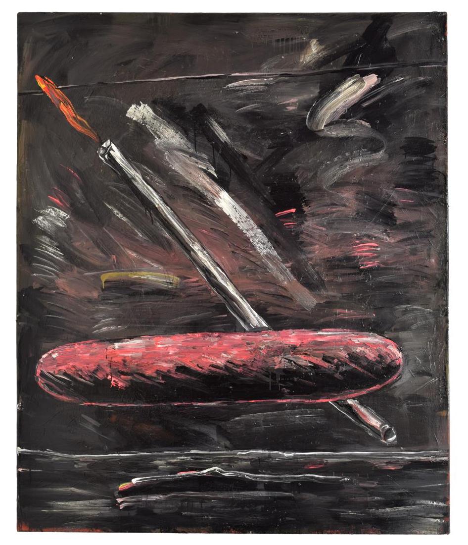 WALTER DAHN (B. 1954) 'PINK BALL & CANDLE',: Unframed acrylic on canvas, "Pink Ball and Candle", 1982, signed verso Walter Dahn (American, German, b. 1954), retaining Christie's tag verso, partial Galerie Crousel-Hussenot tag verso, 74.75"h, 63"