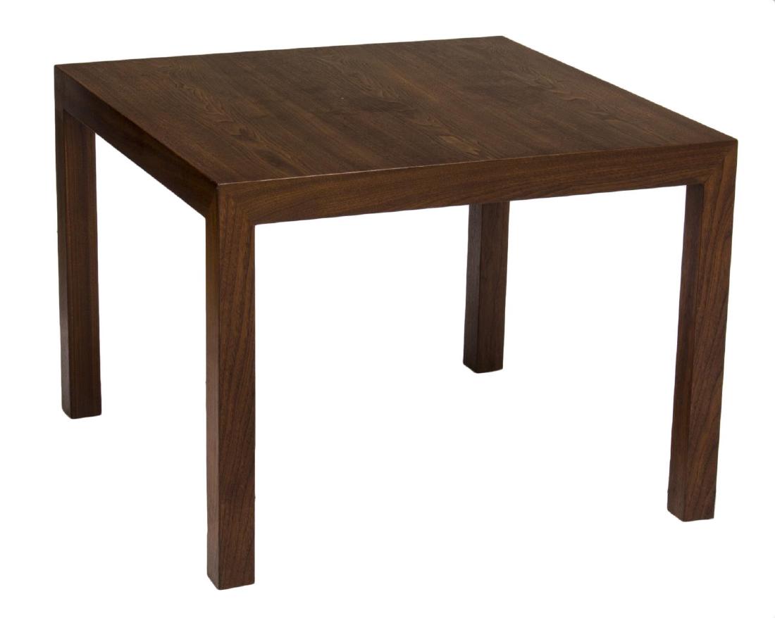 WORMLEY DUNBAR LAMP TABLE #4474: Lamp Table, #4474, Edward Wormley for Dunbar, a square walnut lamp table raised on straight legs, retains the Dunbar metal tag and paper shipping tag, 20.5"h, 27.25"w, 27.25"d Start Price: $100.00