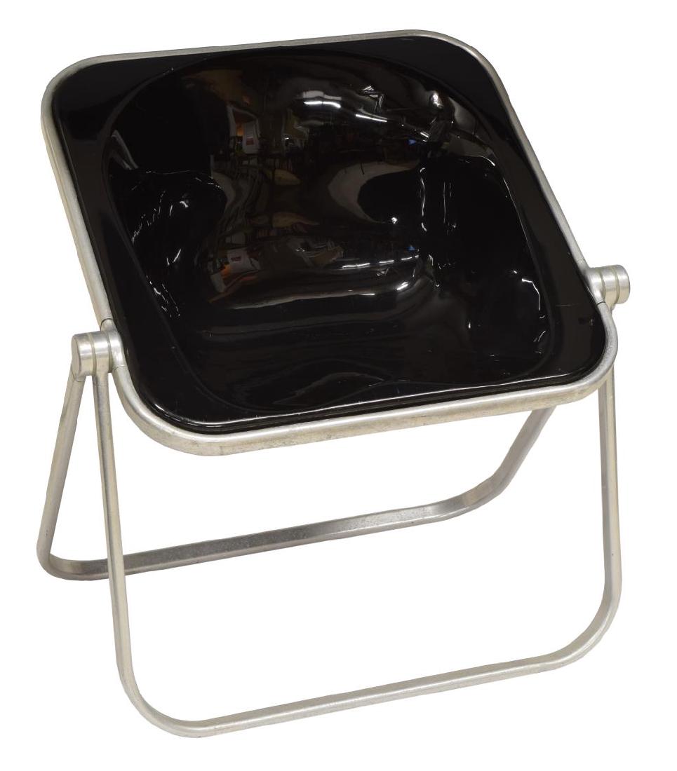 MODERN "PLONA CHAIR", GIANCARLO PIRETTI DESIGN: Modern "Plona" chair, design by Giancarlo Piretti (Italian, b. 1940), the folding aluminum frame with a black plastic seat, 28"h, 27"w, 22"d Start Price: $150.00