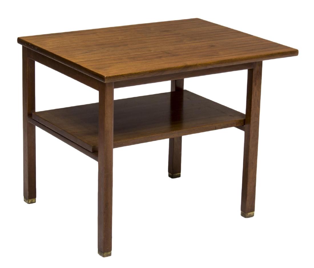 WORMLEY DUNBAR TWO TIER LAMP TABLE: End Table, Edward Wormley for Dunbar, a rectangular table raised on straight legs joined by a lower shelf, retaining metal Dunbar tag, 22"h, 28"w, 22"d Start Price: $100.00
