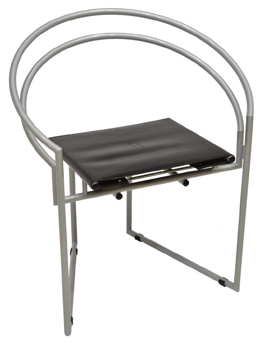 MARIO BOTTA LATONDA MODERN CHAIR: Modern Latonda chair, design by Mario Botta (Swiss, b. 1943), curving tubular gray enameled steel frame encompassing the black leather seat, 29.5"h, 25"w, 18"d Start Price: $100.00