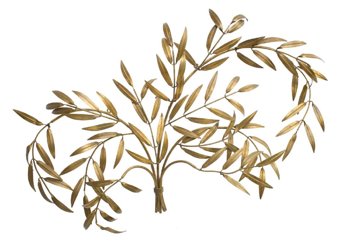 OLIVE BRANCH FORM GILT METAL WALL HANGING: Olive branch form gilt metal wall hanging, the foliates bound together at the base, 35"h, 50"w Start Price: $50.00