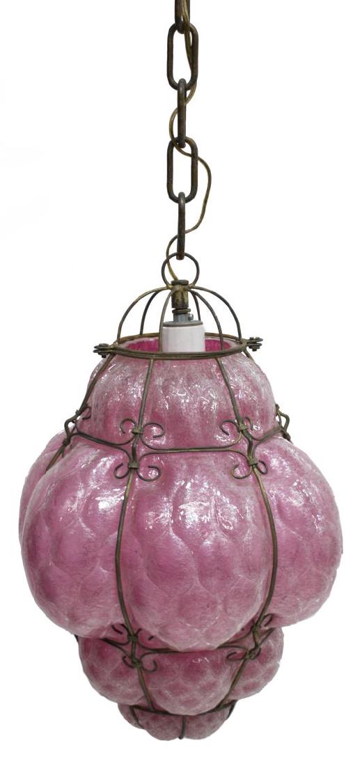 MURANO PINK ART GLASS HANGING PENDANT LAMP: Murano pink flecked glass and metal single light hanging pendant lamp, a chain over scrolled metal frame holding textured bulbous form shade, top of lamp: 16"h, top of chain; 36"h, 11"diam Start Price