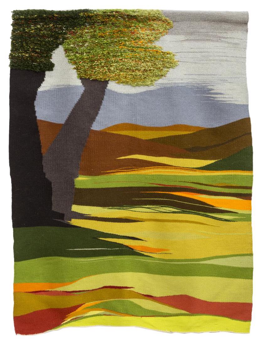 MODERN POLYCHROME LANDSCAPE WALL HANGING TAPESTRY: Modern wall hanging tapestry, polychrome woven landscape with leafy tree, acrylic rod / hanger with loss to ends, approx 56"l, 42"w, 4.5lbs total Start Price: $60.00