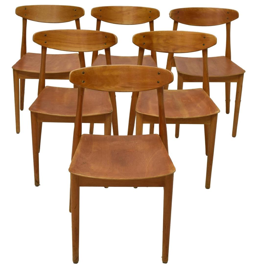 (6) DANISH MIDCENTURY MODERN BEECH STACKING CHAIRS: (lot of 6) Danish mid-century modern Beechwood stacking chairs, c. 1950's, the curved back open over seat, handholds to sides, rising on tapered cylindrical legs, all with some splitting to wood, espe