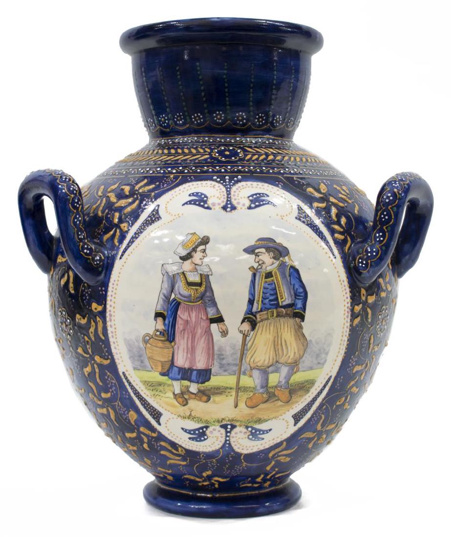FRENCH FAIENCE QUIMPER POTTERY 3-HANDLED URN (1 of 5)