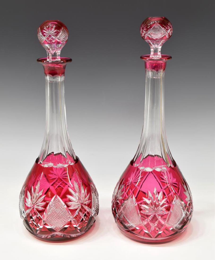 (2)VAL ST LAMBERT CRANBERRY CUT TO CLEAR DECANTERS (1 of 5)