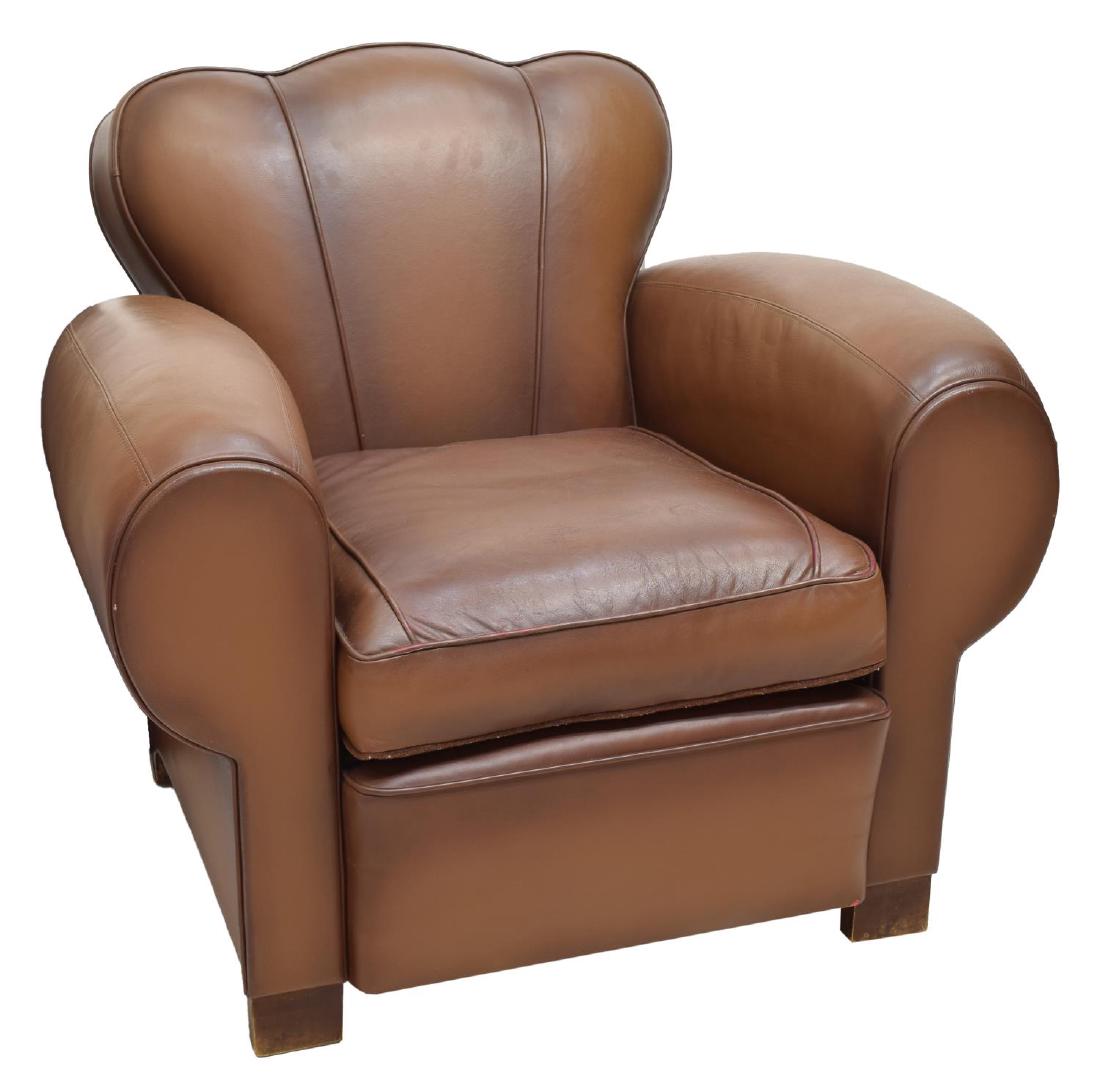 ART DECO STYLE LEATHER CLUB CHAIR: Art deco style club chair in stitched brown leather, 21st c., with a removable seat cushion, rising on block feet, 34"h, 39"w, 39"d Start Price: $300.00
