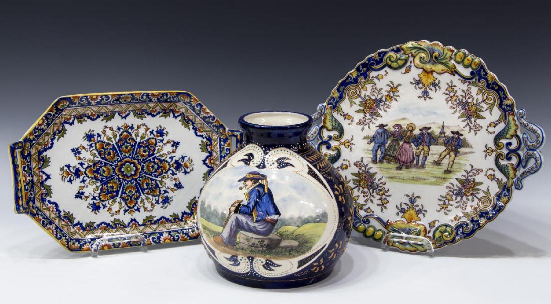 (3) FRENCH HB QUIMPER FAIENCE VASE, PLATTERS (1 of 5)