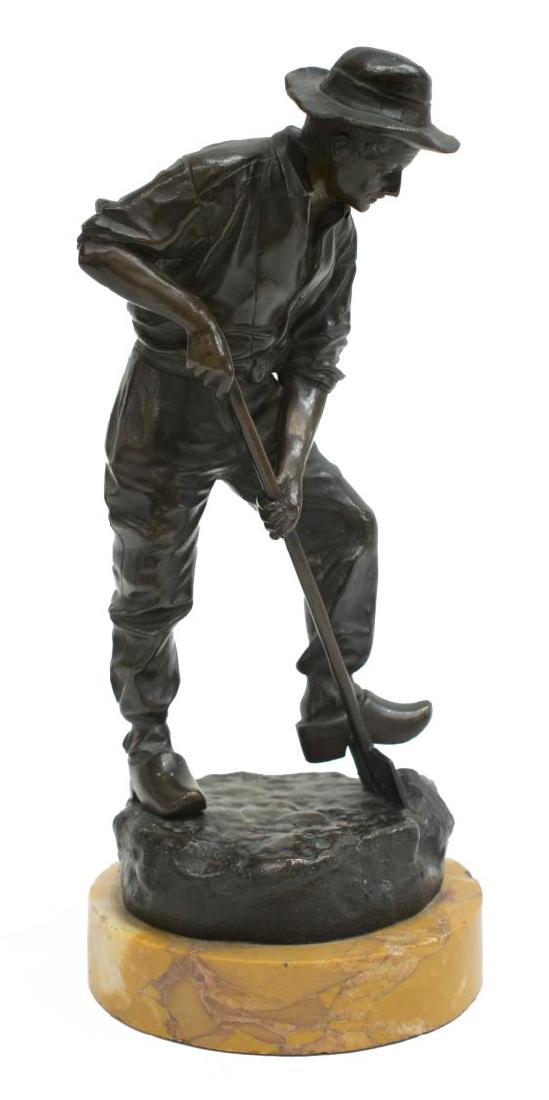 JEAN GARNIER (1853-1910) BRONZE FIGURE,DIGGING MAN: French bronze figure, Young Farmer with Spade, signed J. Garnier (Jean Garnier, French, 1853-1910), Parisian foundry seal verso, on a marble base with small rim chip, overall: approx 9.75", 4.75lbs **