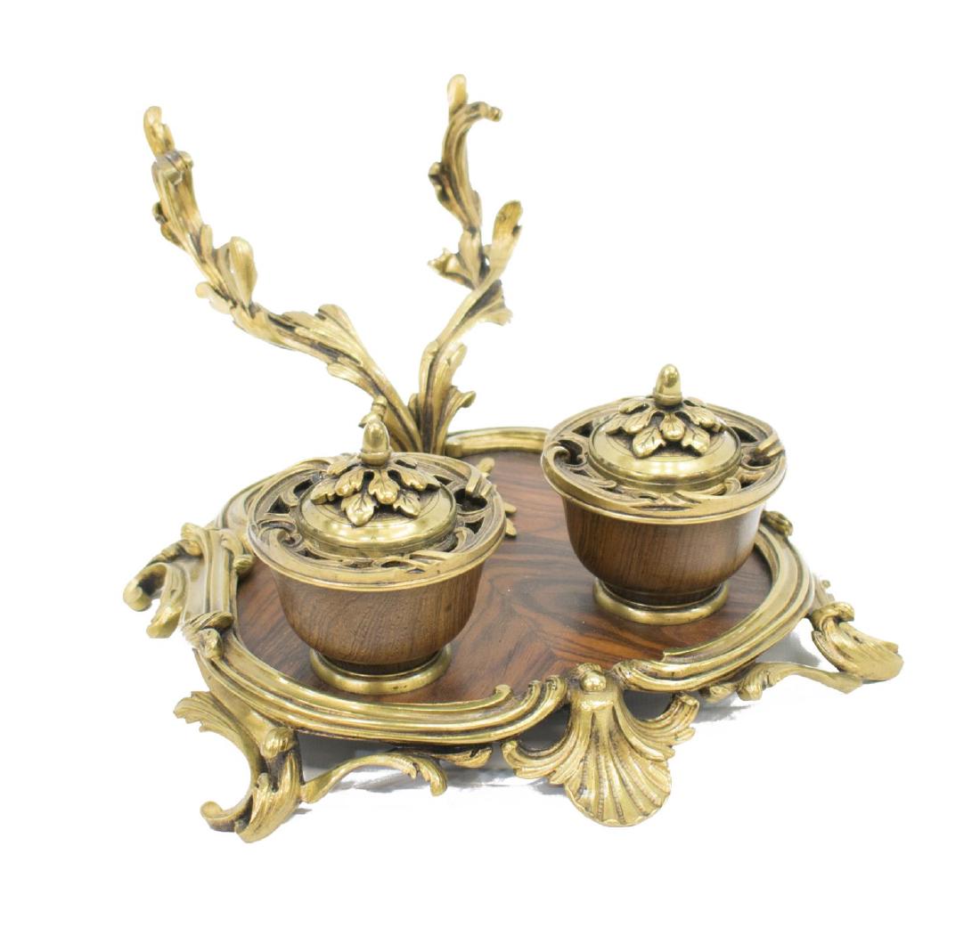 MB SIGNED GILT ORMOLU & FIGURED WOOD INKWELL (1 of 2)