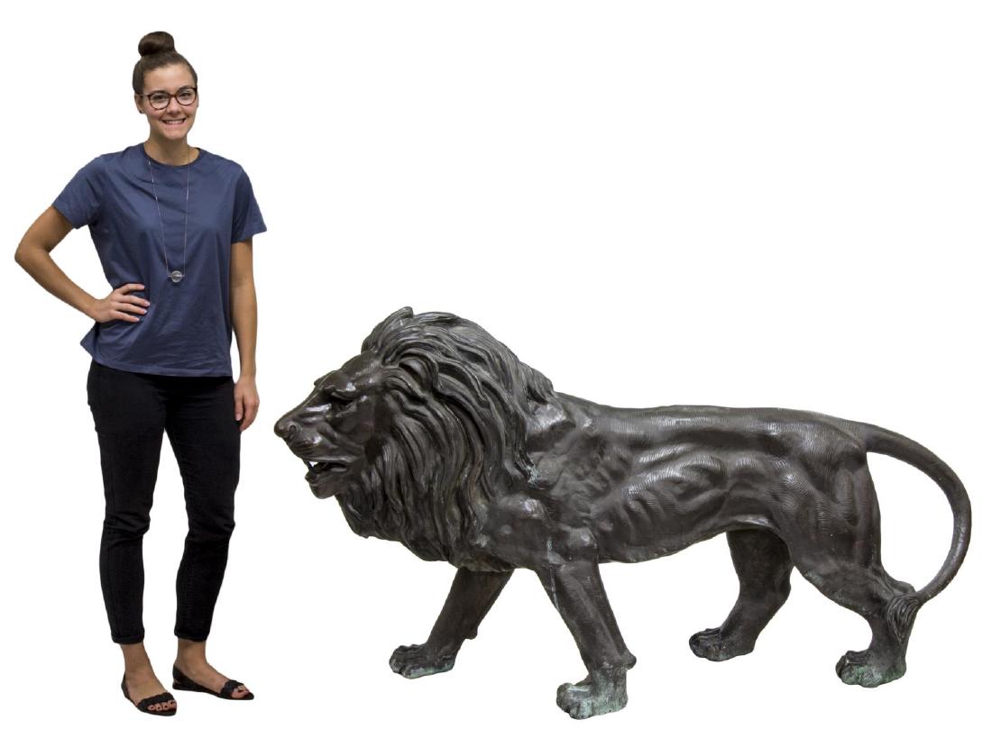 LIFE SIZE PATINATED BRONZE STANDING LION, 72"W (1 of 5)