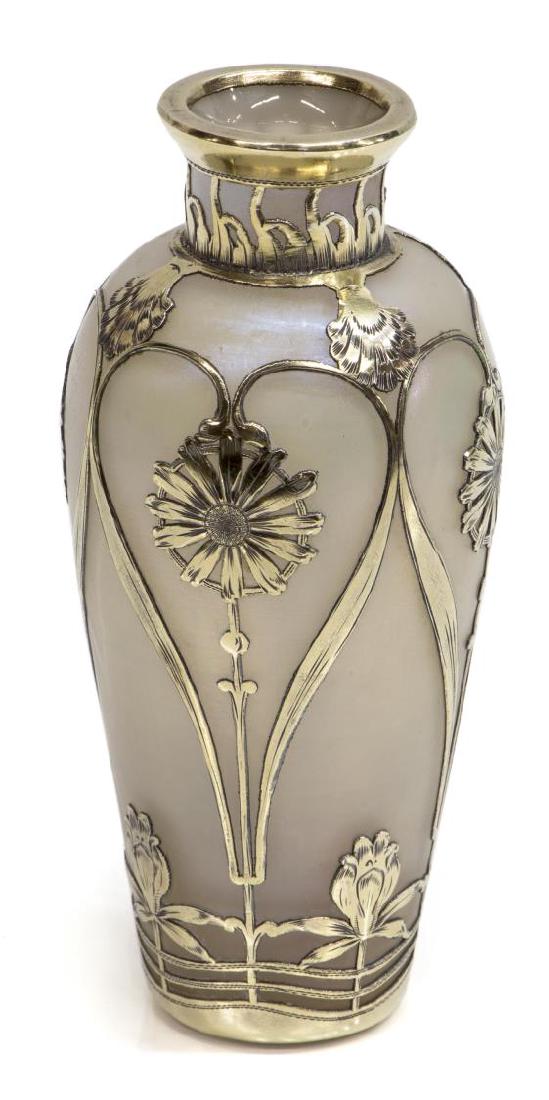 AUSTRIAN SILVER OVERLAY IRIDESCENT ART GLASS VASE (1 of 4)
