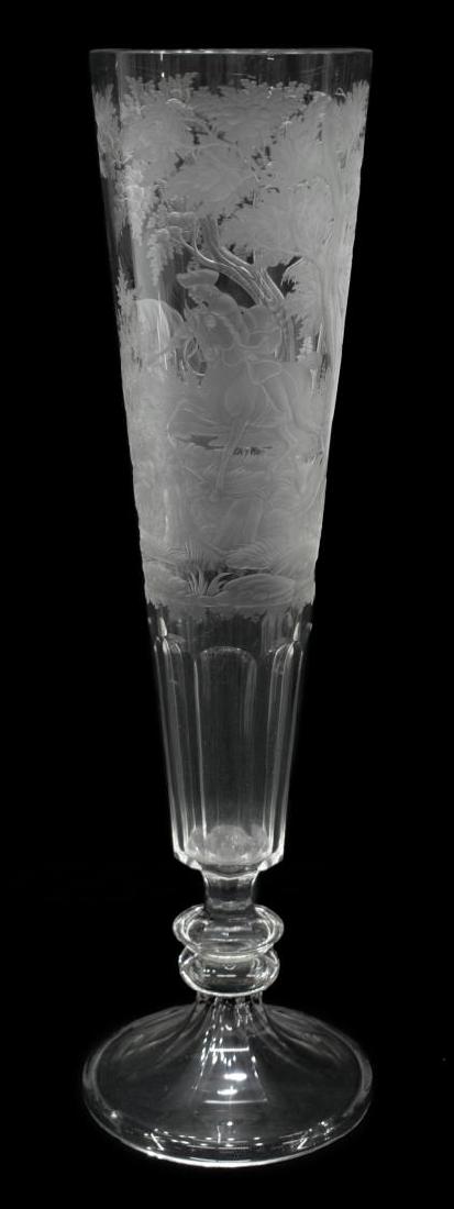 BOHEMIAN CLEAR INTAGLIO ETCHED HUNTING GLASS VASE: Bohemian clear intaglio glass vase, having an etched landscape scene with hunter on horseback with dogs surrounding a stag, rising on circular foot, 16.5"h, 2lbs **Provenance: The private collections 