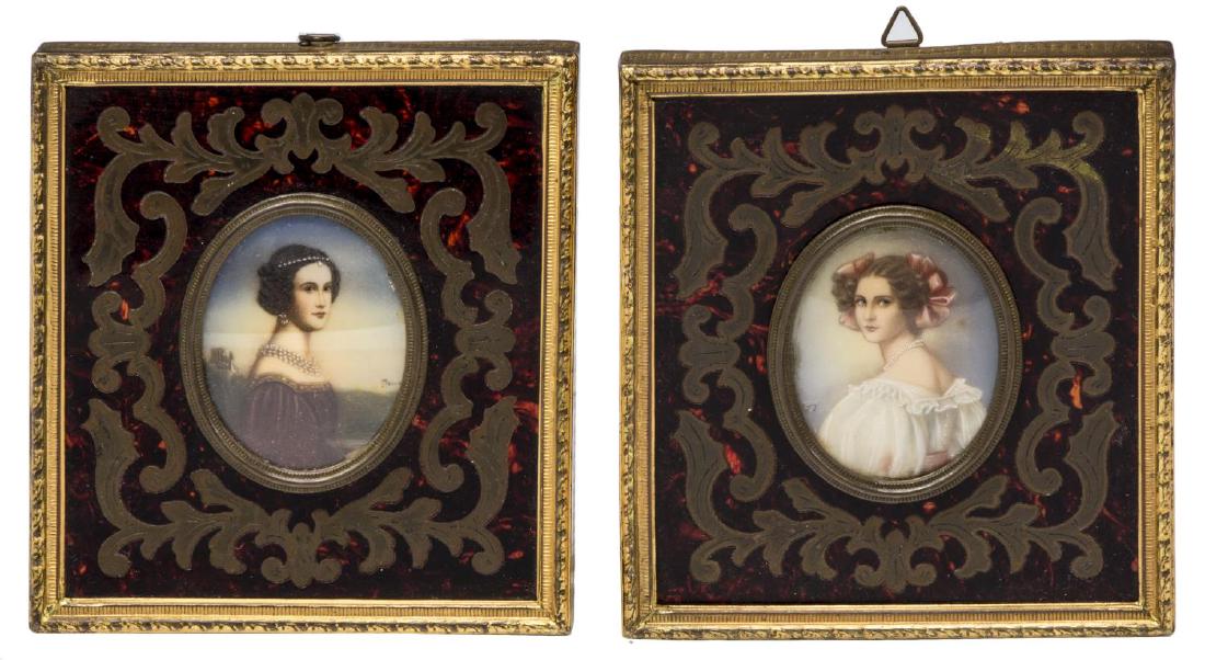 (2) FRENCH NAPOLEON III BOULLE MINIATURE PORTRAITS: (lot of 2) French Napoleon III Boulle framed miniature portraits, second half 19th c., each in gilt metal frame, surrounding tortoise shell and brass inlaid interior, centered by oval hand painted por