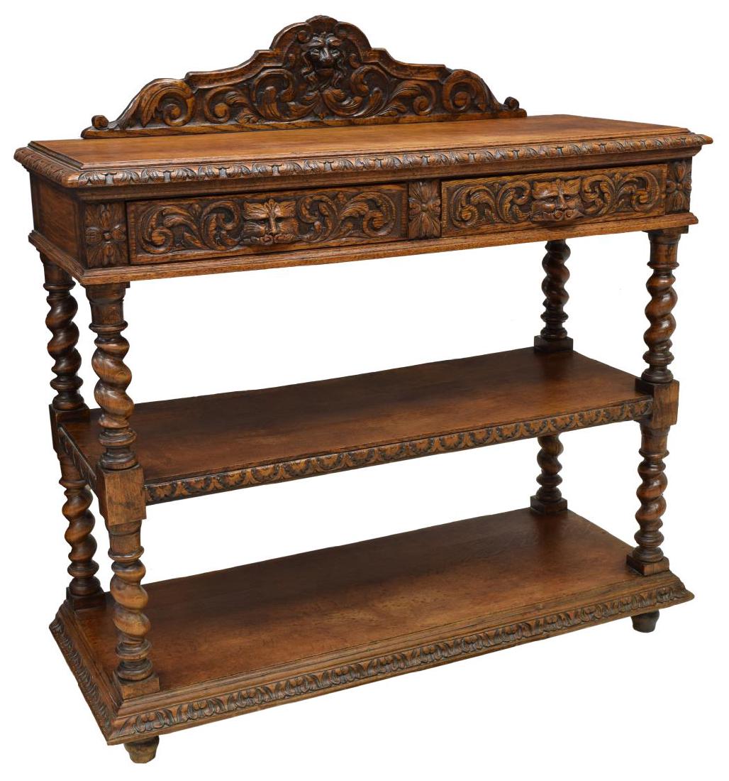 ENGLISH OAK THREE TIER BUFFET, MASK CARVING (1 of 3)