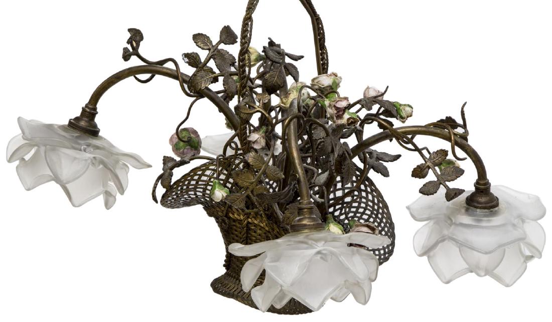 FRENCH BRASS & PORCELAIN BASKET FORM CHANDELIER (1 of 3)