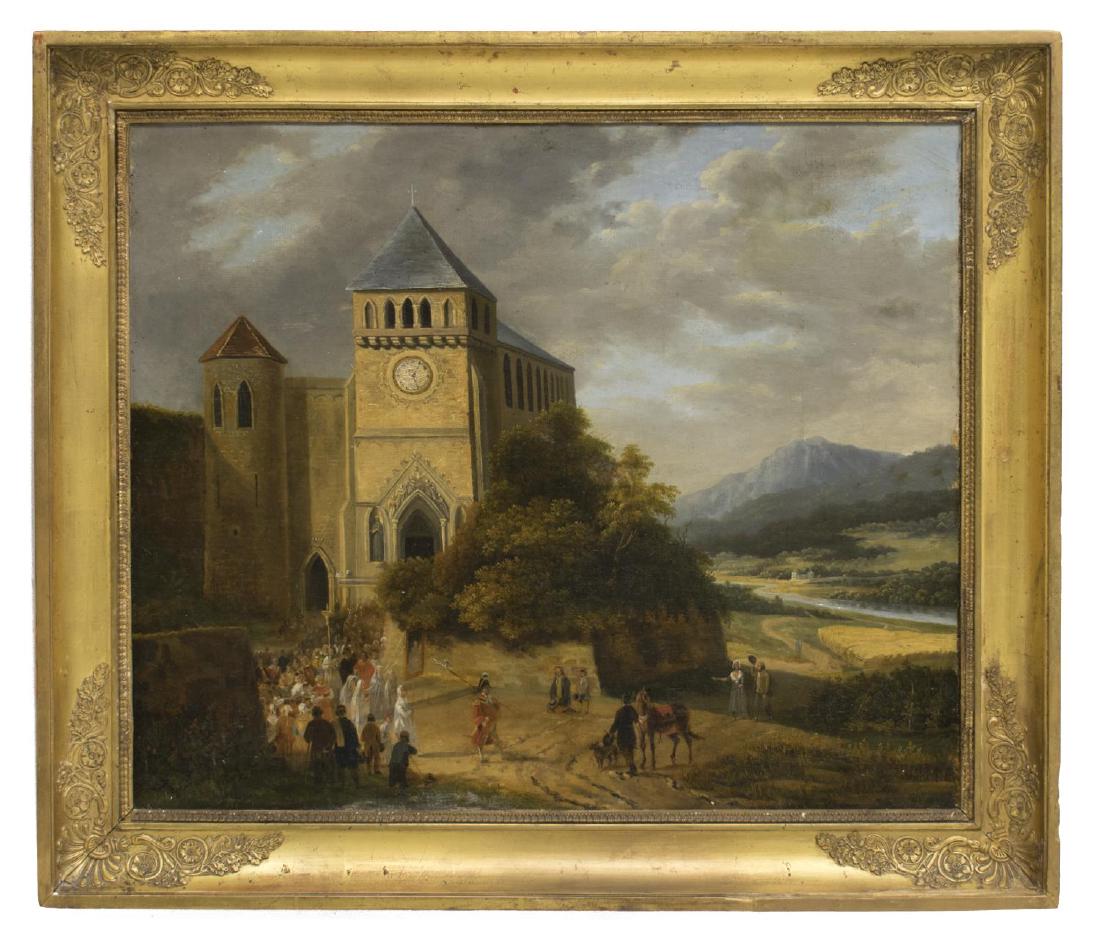 FRAMED OIL PAINTING, CONTINENTAL CHURCH PROCESSION (1 of 2)