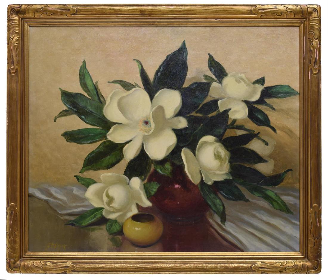 A.D. GREER (TEXAS 1904-1998) MAGNOLIA BLOOMS: Framed oil on canvas painting, Magnolia Bloom Still Life, signed lower left A.D. Greer (Aubrey Dale Greer, 1904-1998), accretion sight: 29.25"h, 35.25"w, overall: 35"h, 41"w, 14lbs Start Price: $600.0