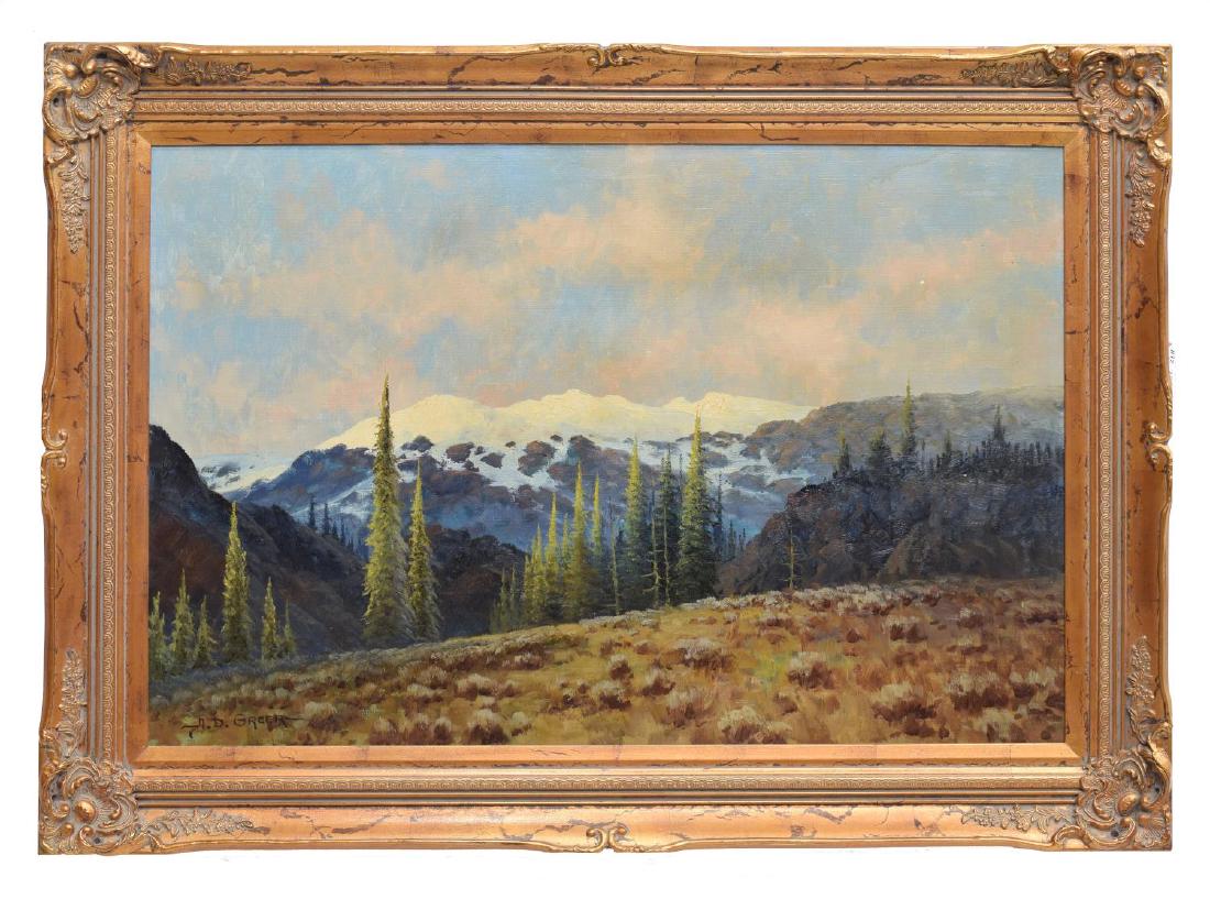 A.D. GREER (TEXAS 1904-1998) MOUNTAIN LANDSCAPE: Framed oil on canvas, Snowcapped Mountain Landscape, signed lower left A.D. Greer (Aubrey Dale Greer, 1904-1998), sight: 23.5"h, 35.5"w, overall:31"h, 43"w, 11.5lbs Start Price: $500.00