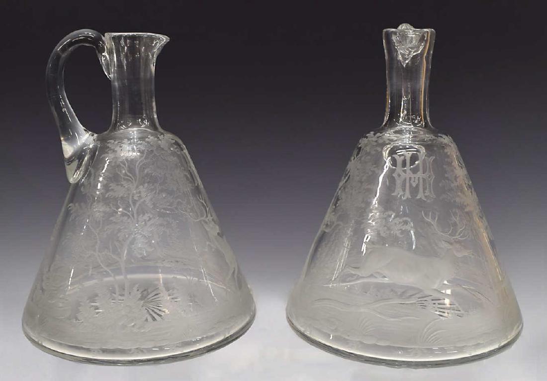 (2) ANTIQUE ENGRAVED COLORLESS GLASS PITCHERS (1 of 7)