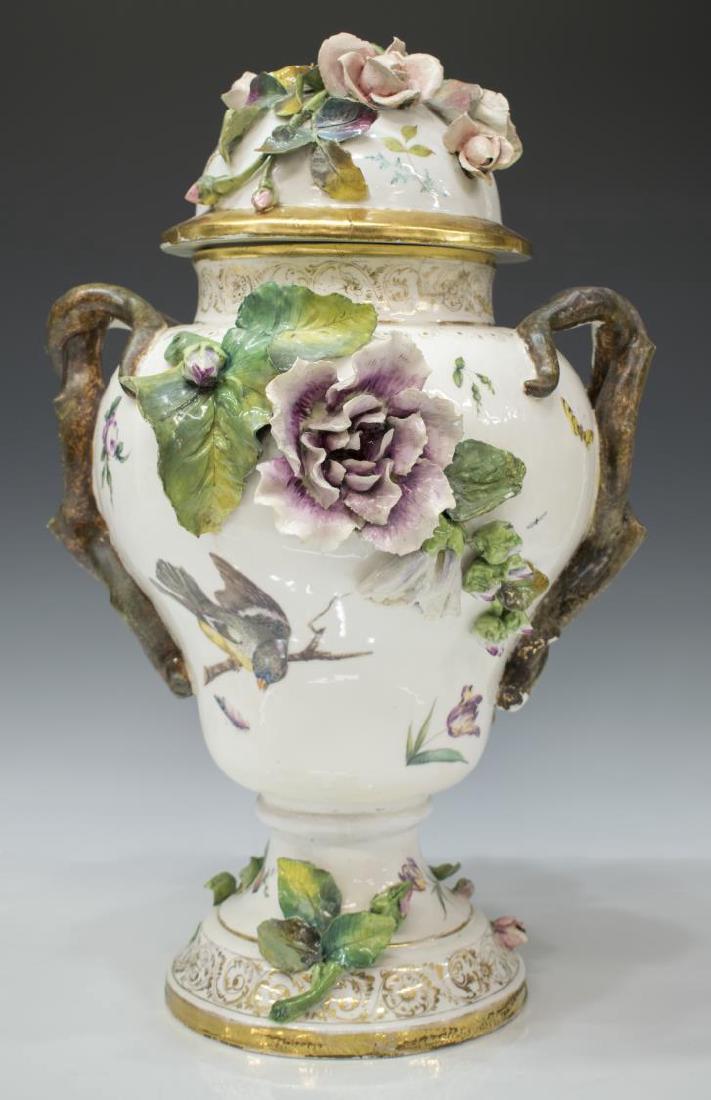 LARGE PARCEL GILT PORCELAIN APPLIED FLORAL URN (1 of 6)