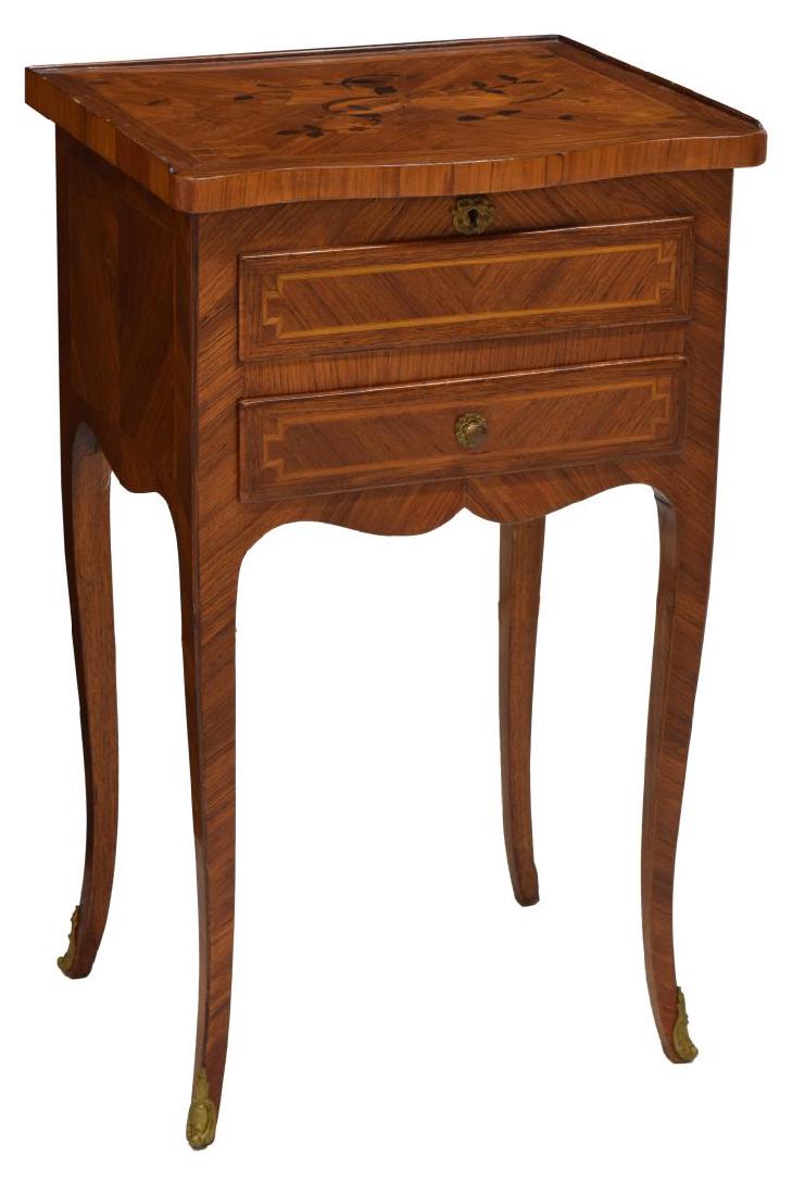 FRENCH MARQUETRY VANITY STAND: French marquetry vanity stand, 20th c., the hinged top, inlaid with floral and music instruments designs, opens to a mirrored back and doors to storage, a single exterior drawer above long cabriole le