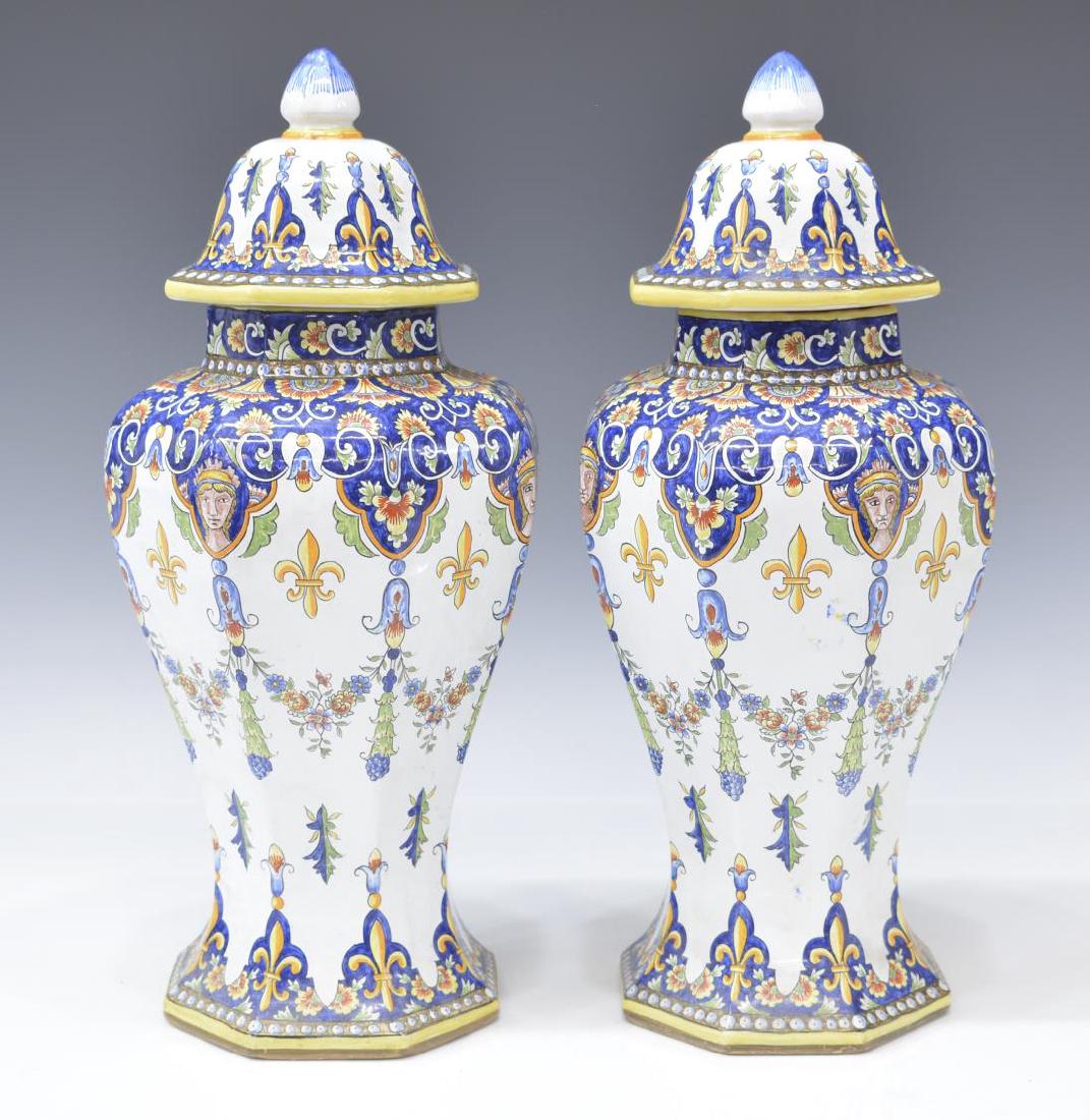 (2) HB QUIMPER COVERED URNS, FIGURAL MASKS,FLOWERS (1 of 3)