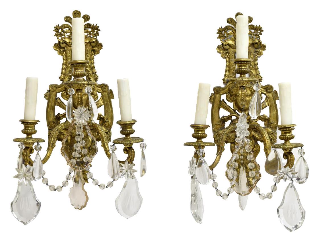 (2) FRENCH LOUIS XVI GILT BRONZE 3-LIGHT SCONCES (1 of 3)