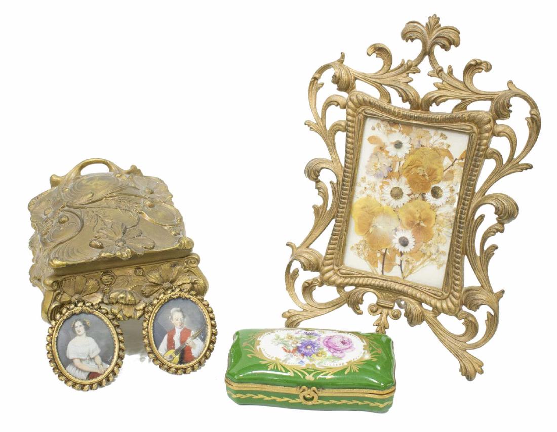 (5) FRENCH PORCELAIN DRESSER BOX, GILT METAL ITEMS (1 of 6)