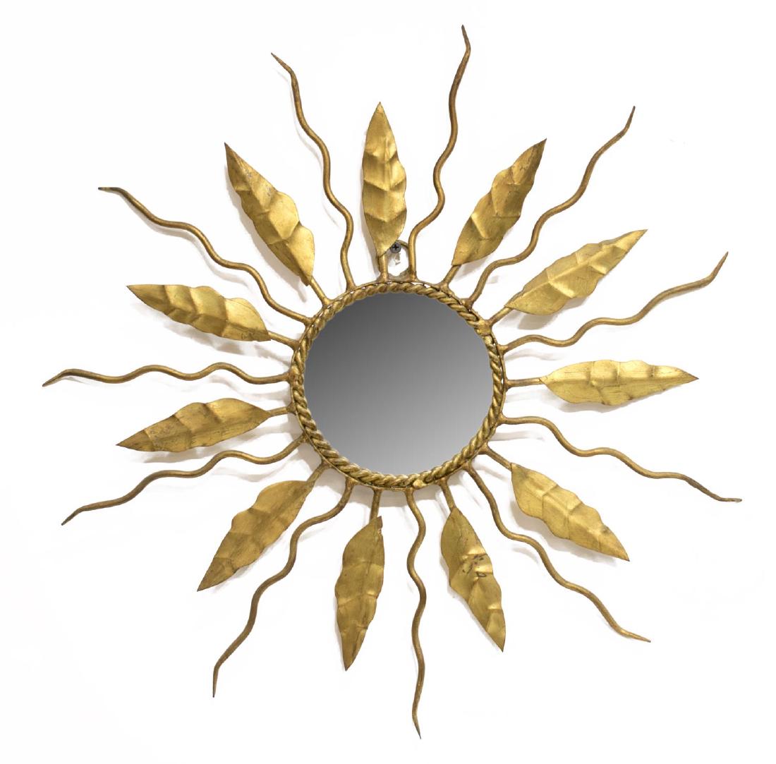 ITALIAN GILT METAL SUNBURST WALL MIRROR: Italian gilt metal sunburst wall mirror, 20th c., two tiers of rays emitted from a central circular flat mirror plate, 19"d, 2 lbs Start Price: $100.00