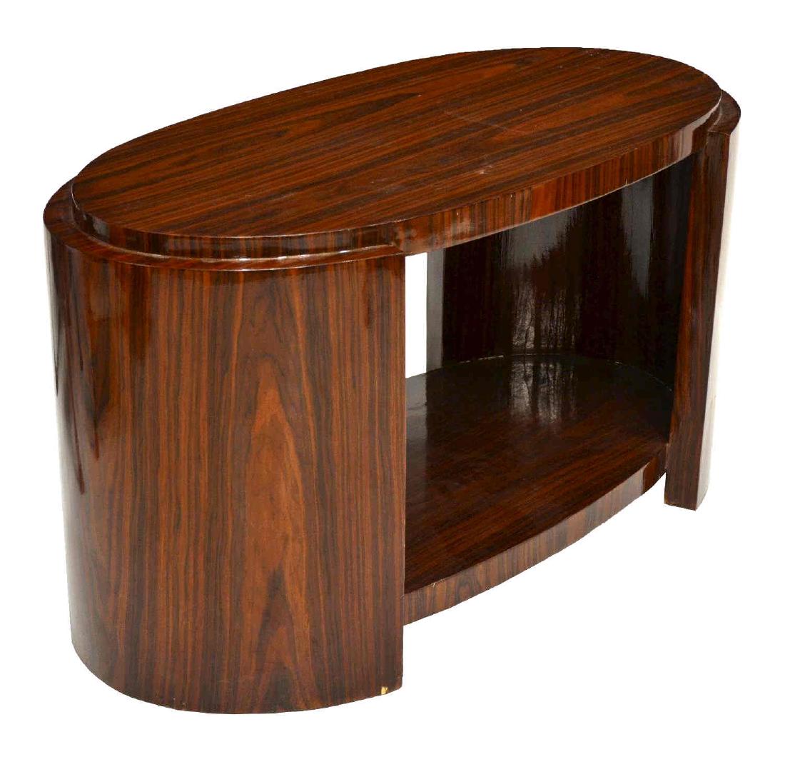FRENCH ART DECO ROSEWOOD OVAL SIDE TABLE: French Art Deco rosewood finish side or coffee table, late 20th c., the stepped oval top over enclosed ends, suspending lower shelf, some veneer loss, approx 20.5"h, 38.5"w, 18.25"d Start Price: $100.