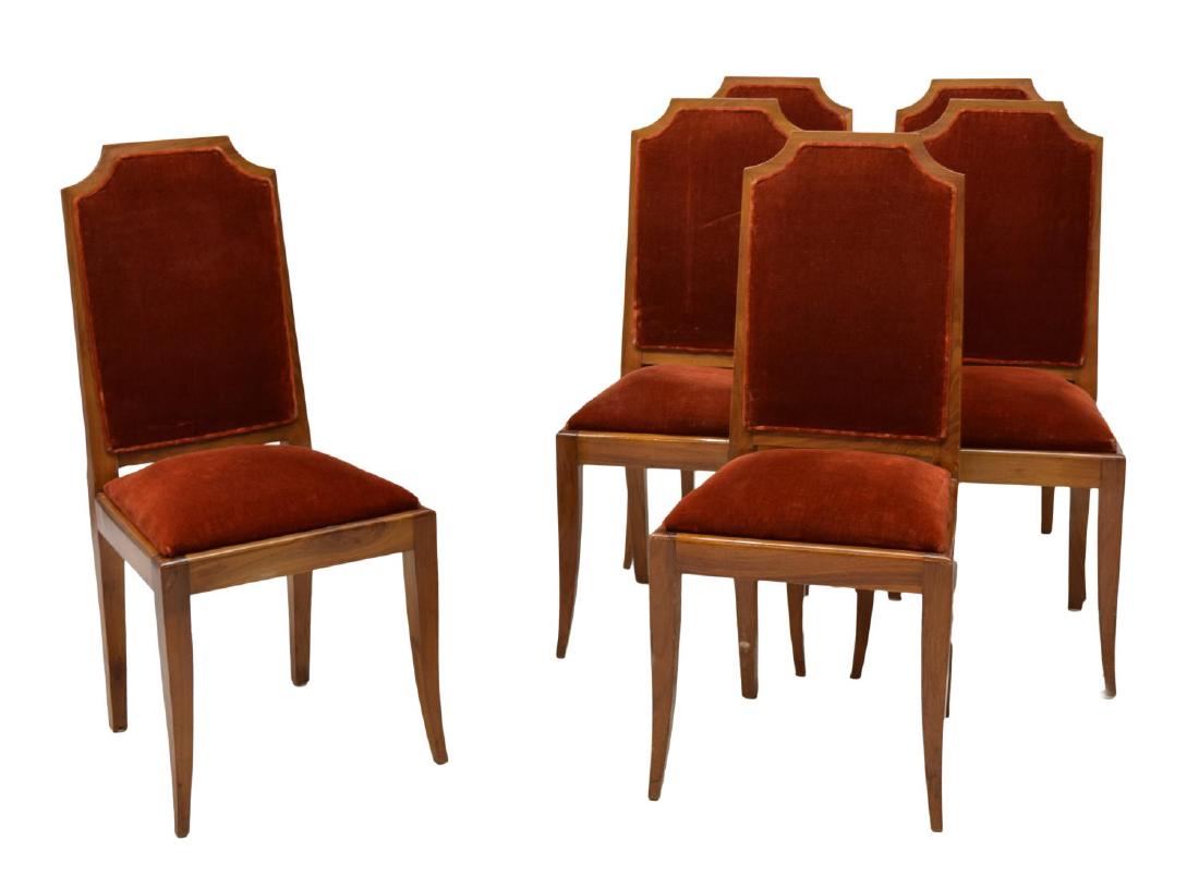 (6) FRENCH ART DECO DINING CHAIRS C. 1930: (lot of 6) French Art Deco side chairs, c. 1930, each having a walnut finish frame with red velvet back panel and knock out seat cushion, rising on tapered legs, 39"h, 18"w, 16.5"d Start Price: $80.00
