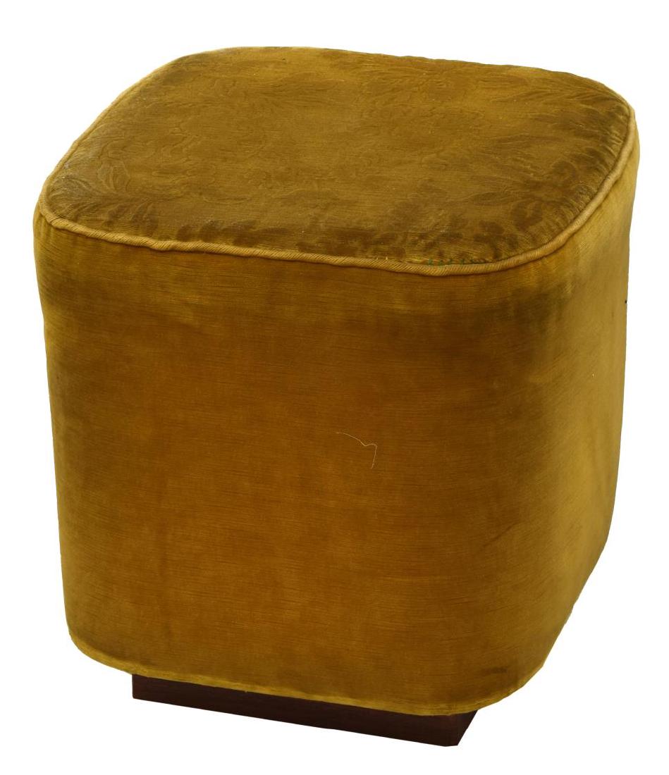 GIO PONTI (ATTR) CASA E GIARDINO MID-CENTURY STOOL: Mid-century modern stool,c. 1945, Italy, design attributed to Gio Ponti (Italian, b.1891 d.1979), for Casa e Giardino, having gold velvet damask-style upholstery, rising on dark wood square base, wear