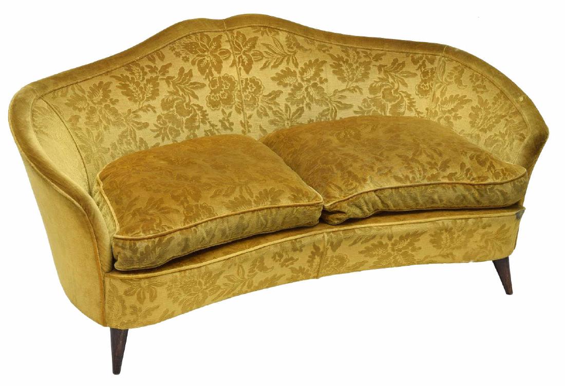 GIO PONTI (ATTR) CASA E GIARDINO MID-CENTURY SOFA: Mid-century modern sofa, c.1945, Italy, design attributed to Gio Ponti (Italian, 1891-1979), for Casa e Giardino, having removable cushions, with gold velvet damask-style upholstery, curved back frame