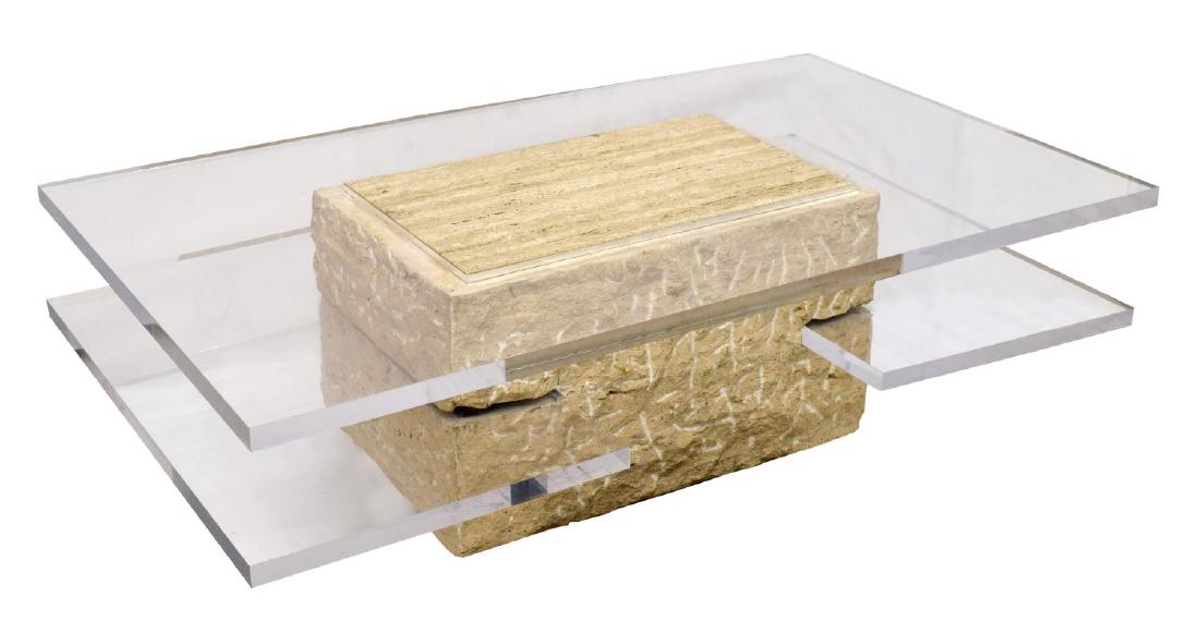 MODERN TRAVERTINE & LUCITE LOW TWO-TIER TABLE: Modern low two-tier table, c. 1970, having two clear lucite tiers, over rectangular travertine stone base, approx. 16"h, 55.25"w, 33.5"d Start Price: $300.00
