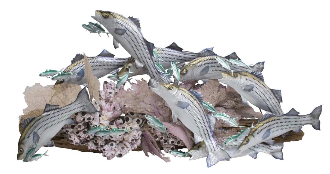 LARGE COPPER, BARNACLE & CORAL FISH WALL SCULPTURE: Large naturalistic wall hanging fish sculpture, a school of enameled copper fish jumping above actual coral, barnacles and mounted on a piece of driftwood, approx 33"h, 68"l, 11"w Start Price: $300.00