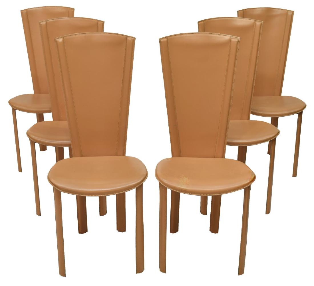 (6) ITALIAN MID CENTURY DINING CHAIRS, CIDUE STYLE: (lot of 6) Italian mid century modern tan leather and faux leather dining chairs, 1970's, in the manner of Cidue, having tall leather backs, seats and covered legs, 40.5"h, 17.5"w, 16.5"d Start Price: