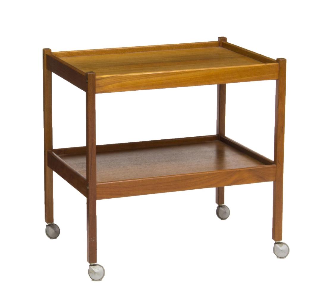 DANISH MID-CENTURY MODERN TEAKWOOD SERVICE CART: Danish mid-century modern service cart, circa 1950's / 1960's, rectangular form with lower shelf, rising on square legs with rollers, approx. 23.5"h, 23.5"w, 16.5"d Start Price: $40.00